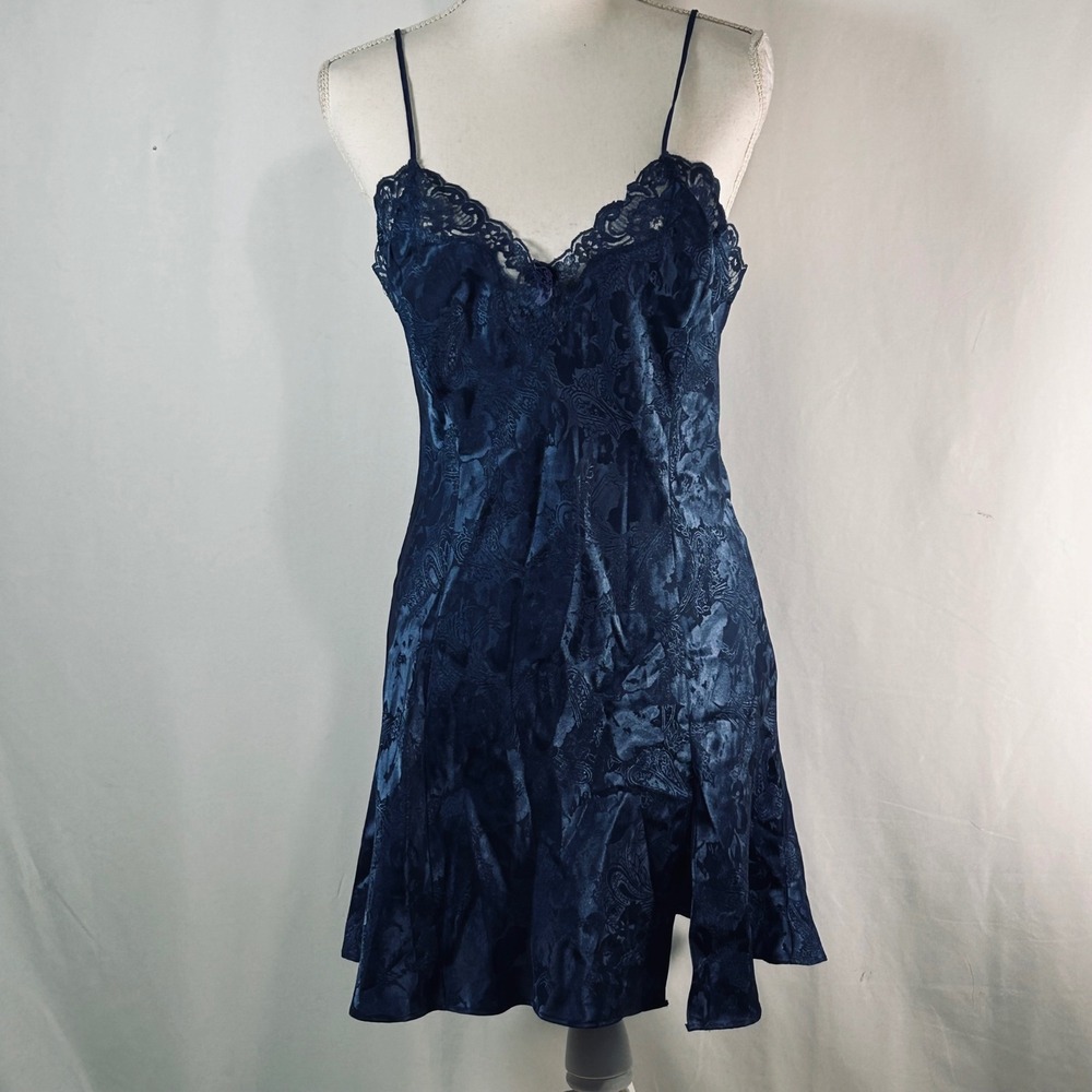 Cacique Lingerie Navy Blue Paisley Satin Lace Trim Chemise Nightgown Sleepwear M